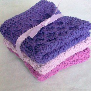 Handmade Purple Knit Cotton Wash Dish cloths Set of 3